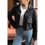 Solid Suit Lapel Faux Suede Leather Jacket - Image 12