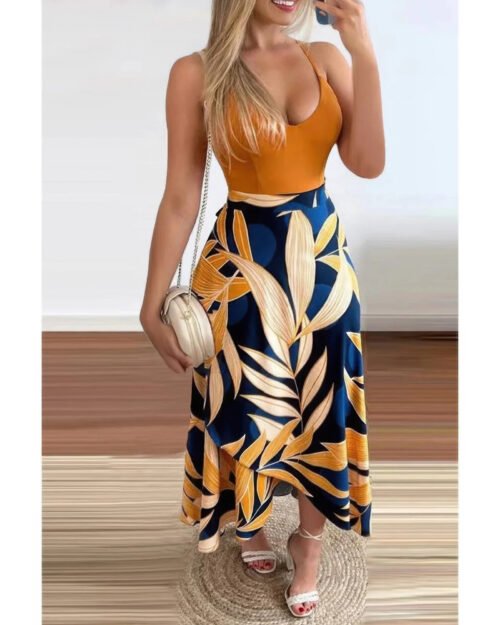spaghetti tropical cross wrap sleeveless dress