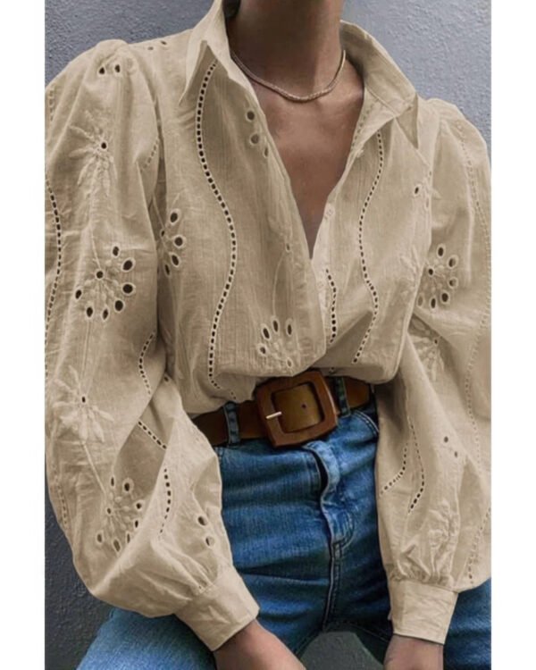 Hollow Out Solid Button Puff Sleeves Blouse