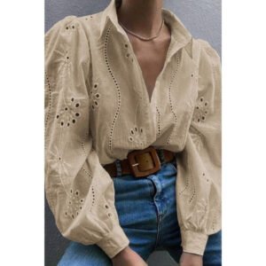 Hollow Out Solid Button Puff Sleeves Blouse Hollow Out Solid Button Puff Sleeves Blouse