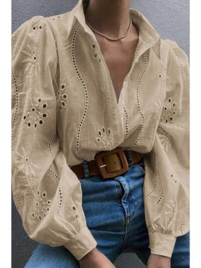 Hollow Out Solid Button Puff Sleeves Blouse