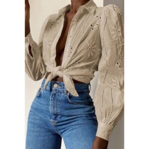 Hollow Out Solid Button Puff Sleeves Blouse Hollow Out Solid Button Puff Sleeves Blouse