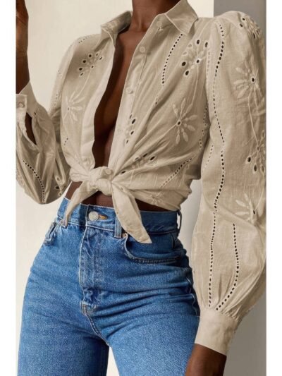 Hollow Out Solid Button Puff Sleeves Blouse
