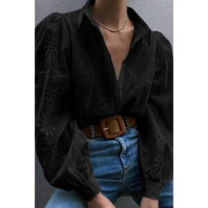 Hollow Out Solid Button Puff Sleeves Blouse Hollow Out Solid Button Puff Sleeves Blouse