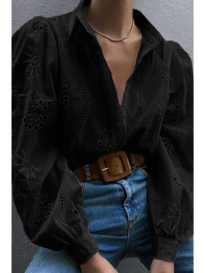 Hollow Out Solid Button Puff Sleeves Blouse