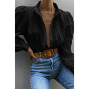 Hollow Out Solid Button Puff Sleeves Blouse Hollow Out Solid Button Puff Sleeves Blouse