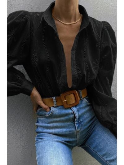 Hollow Out Solid Button Puff Sleeves Blouse
