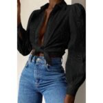 Hollow Out Solid Button Puff Sleeves Blouse - Image 6