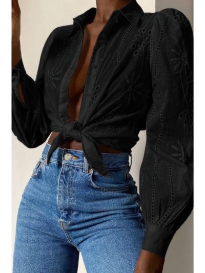 Hollow Out Solid Button Puff Sleeves Blouse