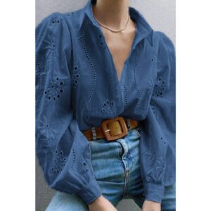 Hollow Out Solid Button Puff Sleeves Blouse Hollow Out Solid Button Puff Sleeves Blouse