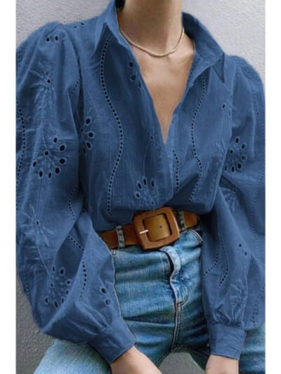 Hollow Out Solid Button Puff Sleeves Blouse