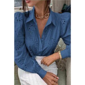 Hollow Out Solid Button Puff Sleeves Blouse Hollow Out Solid Button Puff Sleeves Blouse