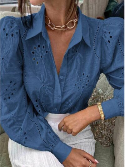 Hollow Out Solid Button Puff Sleeves Blouse