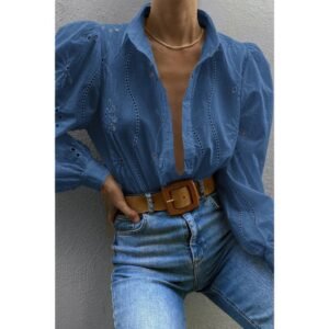 Hollow Out Solid Button Puff Sleeves Blouse Hollow Out Solid Button Puff Sleeves Blouse