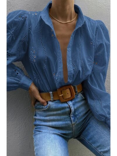 Hollow Out Solid Button Puff Sleeves Blouse
