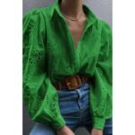 Hollow Out Solid Button Puff Sleeves Blouse - Image 10
