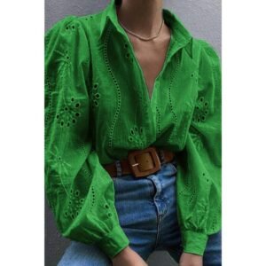 Hollow Out Solid Button Puff Sleeves Blouse Hollow Out Solid Button Puff Sleeves Blouse