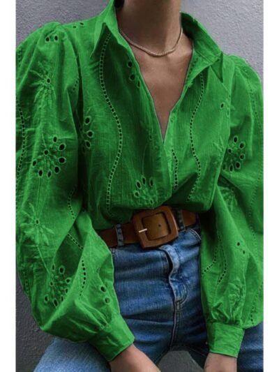Hollow Out Solid Button Puff Sleeves Blouse