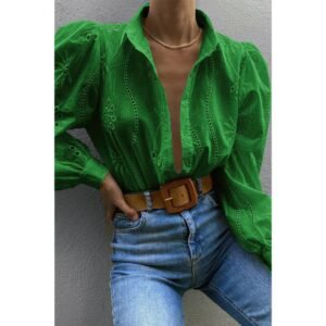 Hollow Out Solid Button Puff Sleeves Blouse Hollow Out Solid Button Puff Sleeves Blouse