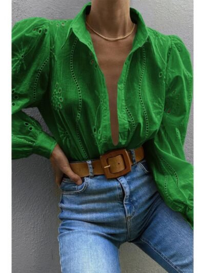 Hollow Out Solid Button Puff Sleeves Blouse