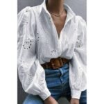 Hollow Out Solid Button Puff Sleeves Blouse - Image 13