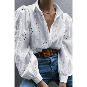 Hollow Out Solid Button Puff Sleeves Blouse Hollow Out Solid Button Puff Sleeves Blouse