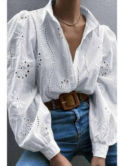 Hollow Out Solid Button Puff Sleeves Blouse