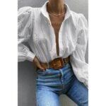 Hollow Out Solid Button Puff Sleeves Blouse - Image 14