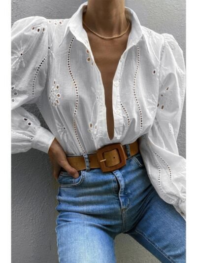 Hollow Out Solid Button Puff Sleeves Blouse