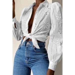 Hollow Out Solid Button Puff Sleeves Blouse Hollow Out Solid Button Puff Sleeves Blouse