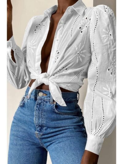 Hollow Out Solid Button Puff Sleeves Blouse