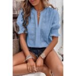 Solid Hollow Out Ruffle Hem V Neck Loose Blouse