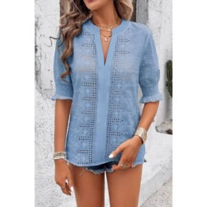 Solid Hollow Out Ruffle Hem V Neck Loose Blouse Solid Hollow Out Ruffle Hem V Neck Loose Blouse