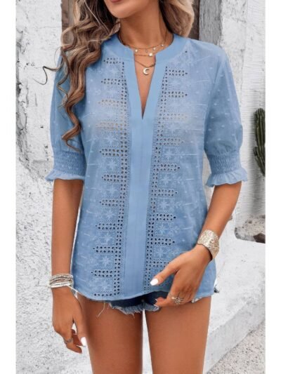 Solid Hollow Out Ruffle Hem V Neck Loose Blouse Solid Hollow Out Ruffle Hem V Neck Loose Blouse