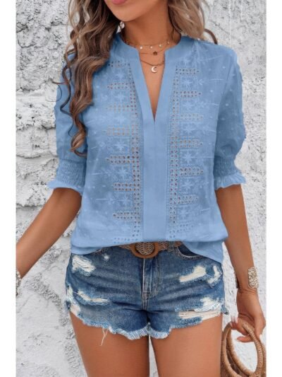 Solid Hollow Out Ruffle Hem V Neck Loose Blouse Solid Hollow Out Ruffle Hem V Neck Loose Blouse