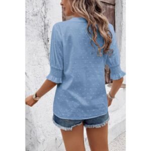 Solid Hollow Out Ruffle Hem V Neck Loose Blouse Solid Hollow Out Ruffle Hem V Neck Loose Blouse
