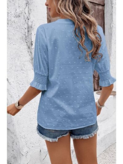 Solid Hollow Out Ruffle Hem V Neck Loose Blouse Solid Hollow Out Ruffle Hem V Neck Loose Blouse