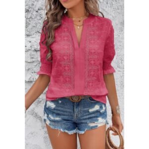 Solid Hollow Out Ruffle Hem V Neck Loose Blouse Solid Hollow Out Ruffle Hem V Neck Loose Blouse
