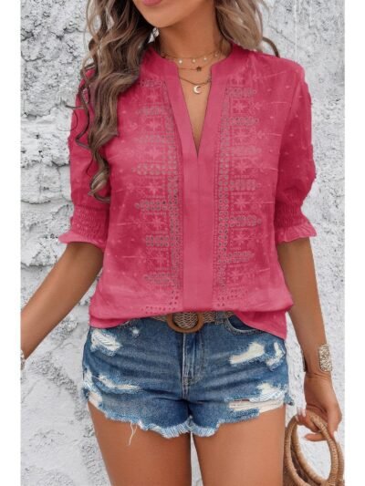 Solid Hollow Out Ruffle Hem V Neck Loose Blouse Solid Hollow Out Ruffle Hem V Neck Loose Blouse