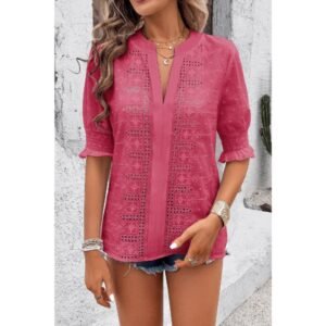 Solid Hollow Out Ruffle Hem V Neck Loose Blouse Solid Hollow Out Ruffle Hem V Neck Loose Blouse