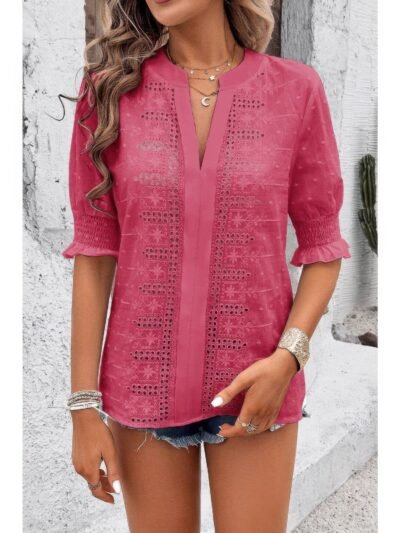 Solid Hollow Out Ruffle Hem V Neck Loose Blouse Solid Hollow Out Ruffle Hem V Neck Loose Blouse