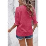 Solid Hollow Out Ruffle Hem V Neck Loose Blouse - Image 7