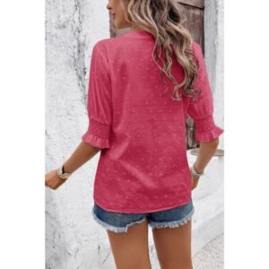 Solid Hollow Out Ruffle Hem V Neck Loose Blouse Solid Hollow Out Ruffle Hem V Neck Loose Blouse