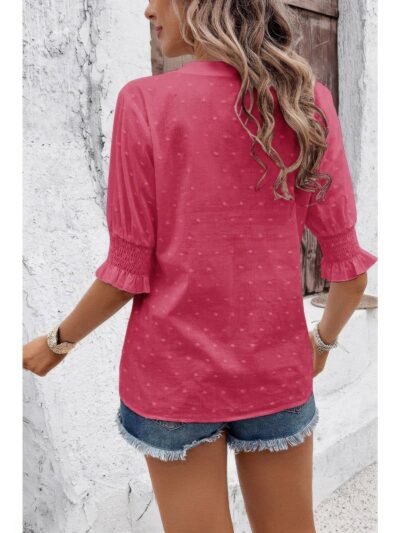 Solid Hollow Out Ruffle Hem V Neck Loose Blouse Solid Hollow Out Ruffle Hem V Neck Loose Blouse