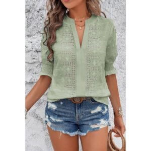 Solid Hollow Out Ruffle Hem V Neck Loose Blouse Solid Hollow Out Ruffle Hem V Neck Loose Blouse