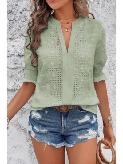 Solid Hollow Out Ruffle Hem V Neck Loose Blouse Solid Hollow Out Ruffle Hem V Neck Loose Blouse