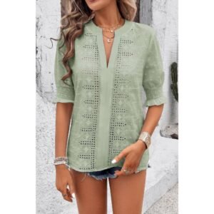 Solid Hollow Out Ruffle Hem V Neck Loose Blouse Solid Hollow Out Ruffle Hem V Neck Loose Blouse