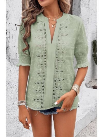 Solid Hollow Out Ruffle Hem V Neck Loose Blouse Solid Hollow Out Ruffle Hem V Neck Loose Blouse