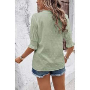 Solid Hollow Out Ruffle Hem V Neck Loose Blouse Solid Hollow Out Ruffle Hem V Neck Loose Blouse