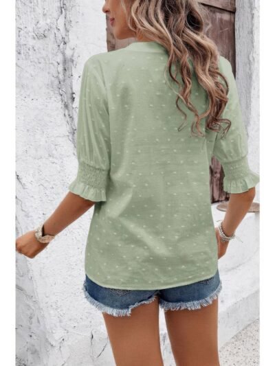 Solid Hollow Out Ruffle Hem V Neck Loose Blouse Solid Hollow Out Ruffle Hem V Neck Loose Blouse